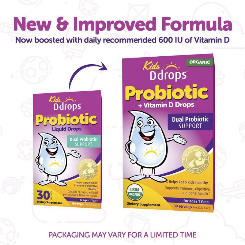 slide 5 of 8, Ddrops Kids' Probiotic Drops Vitamin D 600 IU for Digestive and Immune Health - 0.27 fl oz/30 Servings, 0.27 fl oz, 30 servings