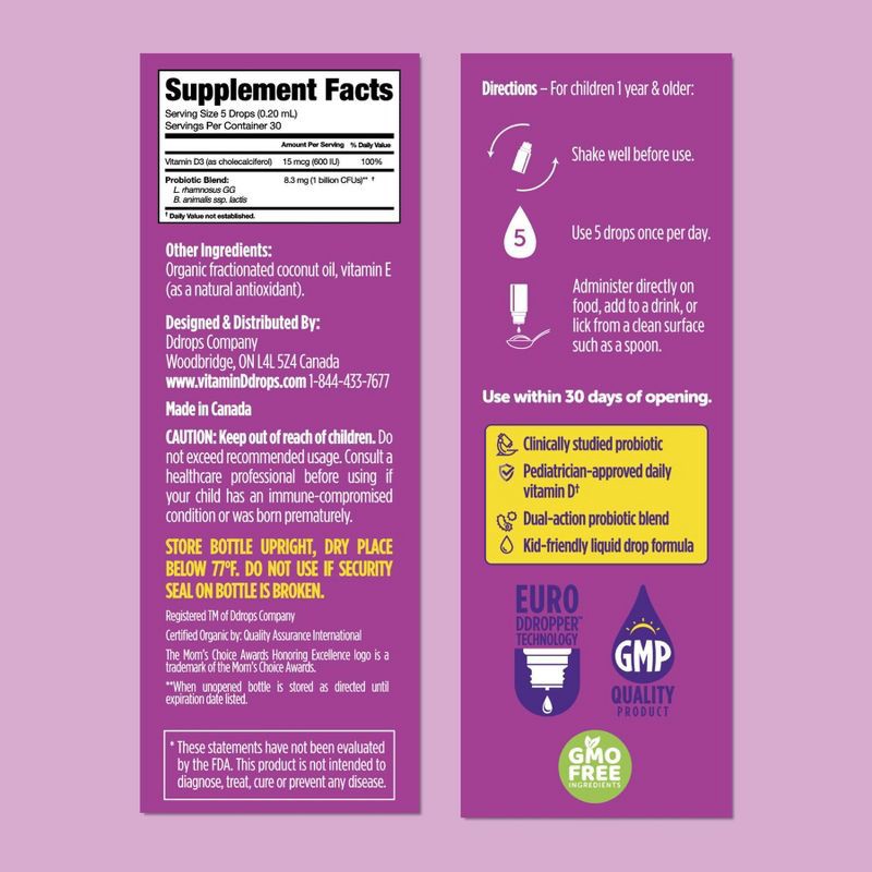 slide 8 of 8, Ddrops Kids' Probiotic Drops Vitamin D 600 IU for Digestive and Immune Health - 0.27 fl oz/30 Servings, 0.27 fl oz, 30 servings