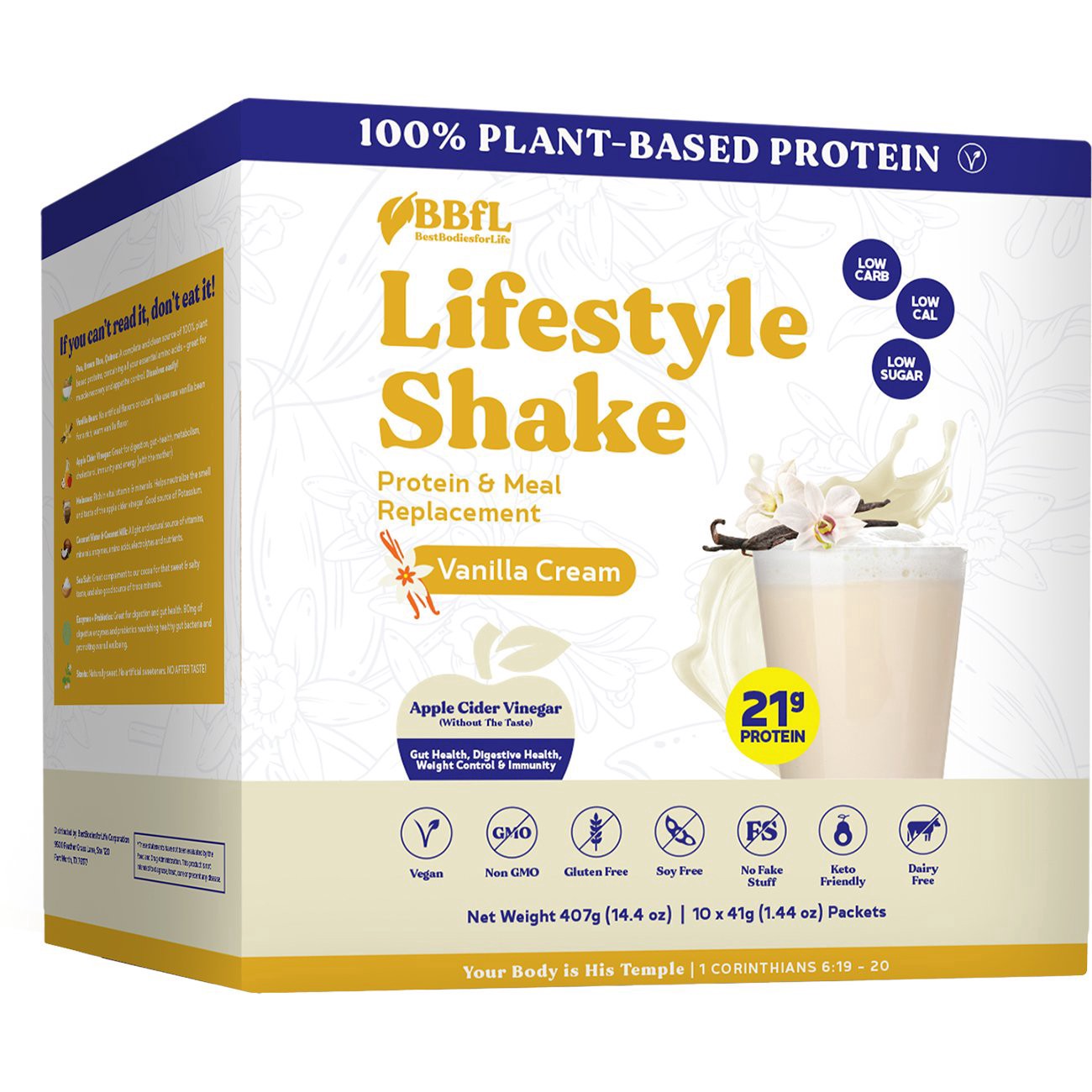 slide 1 of 1, BestBodiesforLife 21g Plant-Based Protein & Meal Replacement Lifestyle Shake Packets - Vanilla Cream, 10 ct