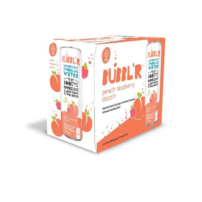 slide 1 of 5, BUBBL'R Peach Raspberry Dazzl'r Antioxidant Sparkling Water - 6pk/12 fl oz Cans, 6 ct; 12 fl oz