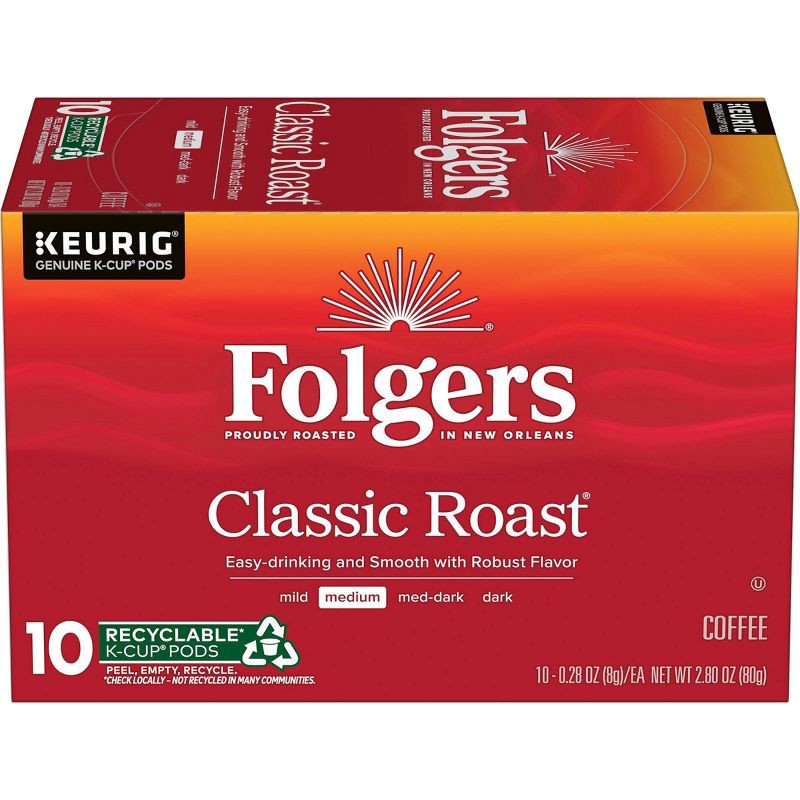 slide 1 of 6, Folgers Classic Medium Roast Keurig K-Cup Coffee Pods - 10ct, 10 ct
