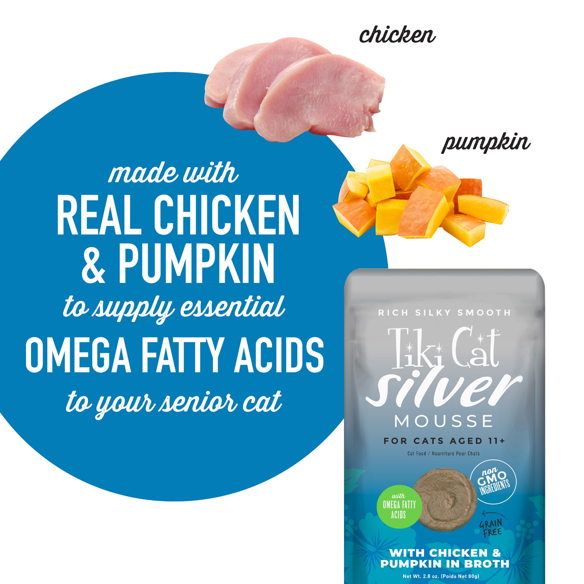 slide 6 of 9, Tiki Cat Silver Mousse Wet Cat Food for Seniors, Chicken & Pumpkin, 2.8 oz. Pouch, 2.8 oz