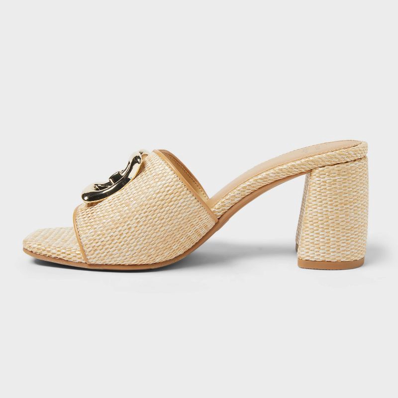 slide 2 of 4, Women's Arden Raffia Ornamented Block Heels with Memory Foam Insole - A New Day™ Tan 6.5: Slip-On, Open Toe, 1 ct