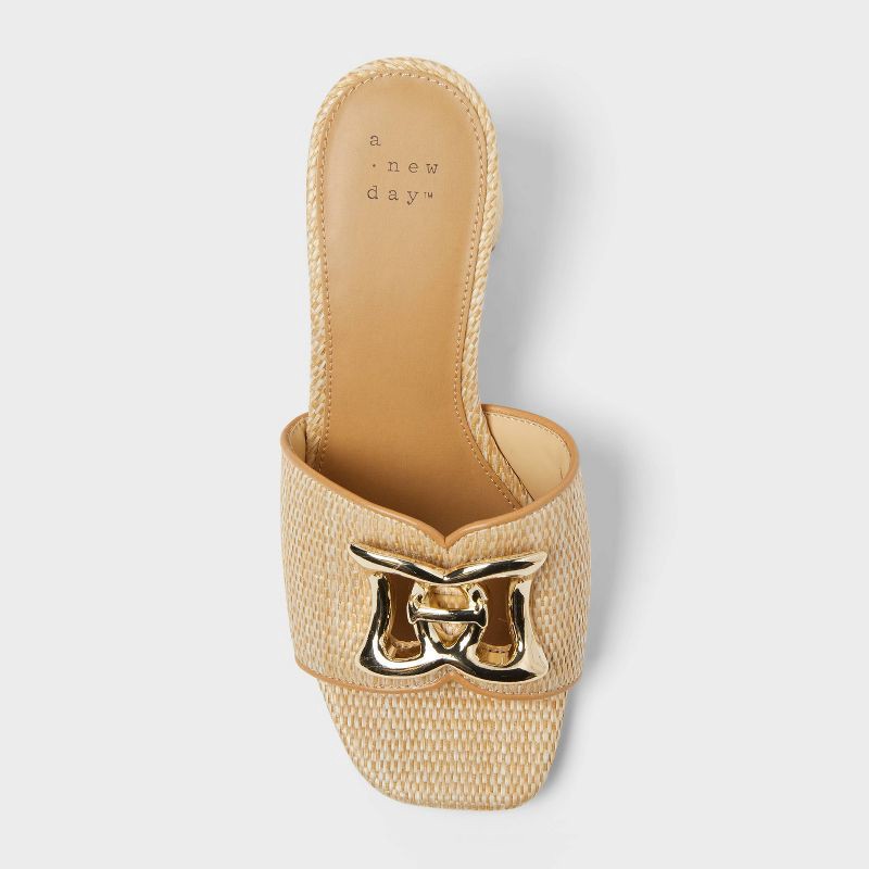 slide 3 of 4, Women's Arden Raffia Ornamented Block Heels with Memory Foam Insole - A New Day™ Tan 6.5: Slip-On, Open Toe, 1 ct