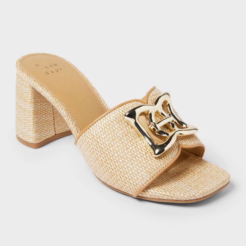 slide 1 of 4, Women's Arden Raffia Ornamented Block Heels with Memory Foam Insole - A New Day™ Tan 6.5: Slip-On, Open Toe, 1 ct