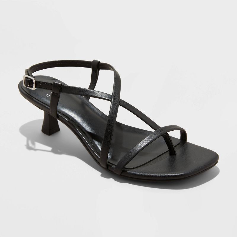 slide 1 of 4, Women's Reggie Toe Thong Strappy Kitten Heels - A New Day™ Black 6: Faux Leather, Cushioned Insole, Buckle Closure, 2" Louis Heel, 1 ct