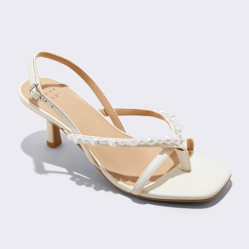 slide 1 of 4, Women's Marin Pearl Skinny Thong Heels - A New Day™ Ivory 6: Square Toe, Cushioned Insole, Faux Leather, 1 ct