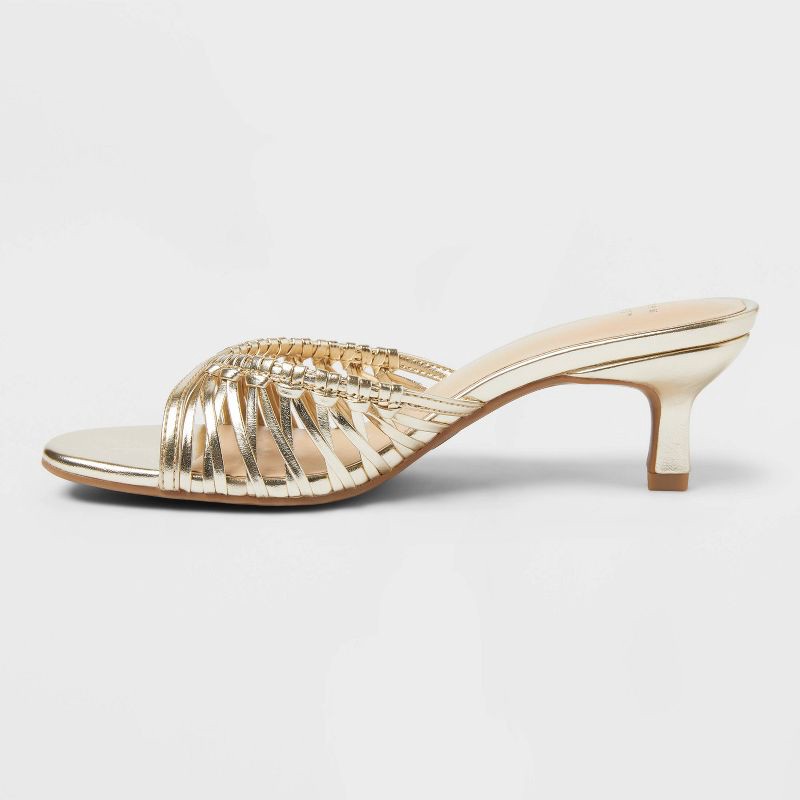 slide 2 of 4, Women's Clarisse Metallic Strappy Kitten Heels with Memory Foam Insole - A New Day™ Gold 6.5: Slip-On, Open Toe, 1 ct