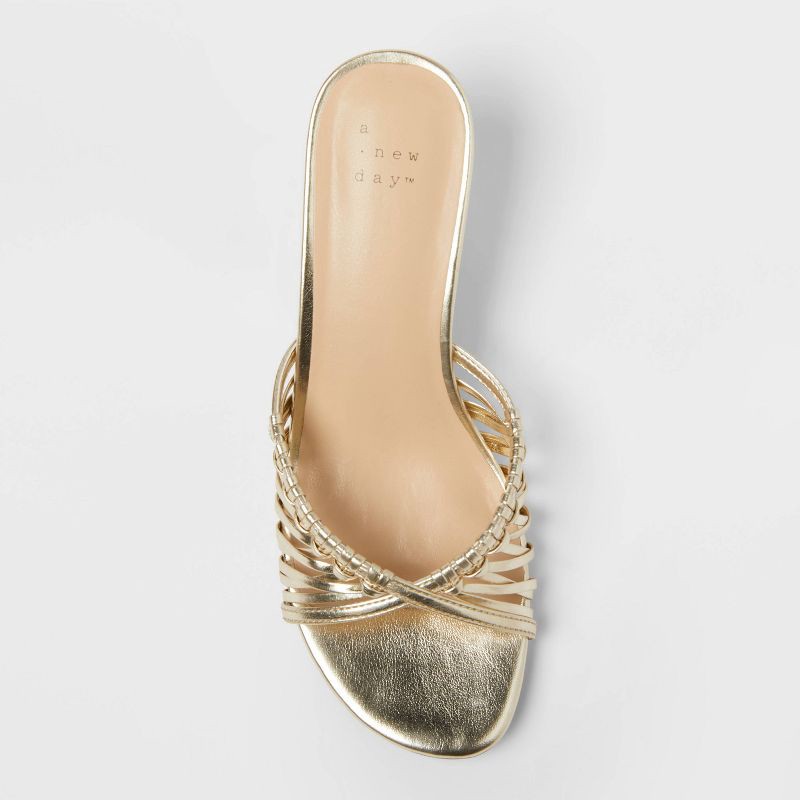 slide 3 of 4, Women's Clarisse Metallic Strappy Kitten Heels with Memory Foam Insole - A New Day™ Gold 6.5: Slip-On, Open Toe, 1 ct