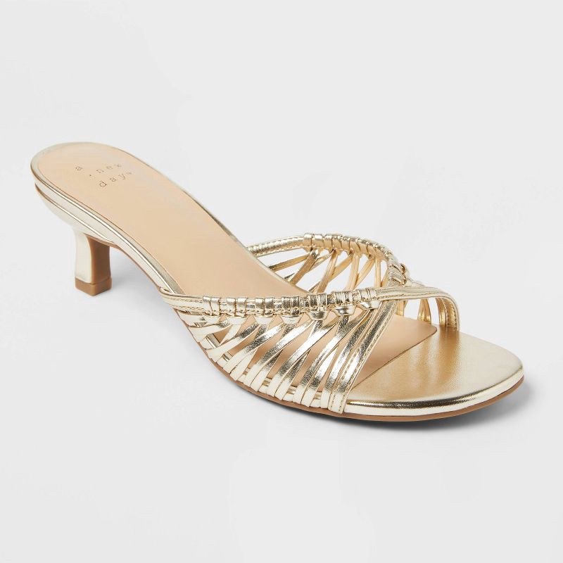 slide 1 of 4, Women's Clarisse Metallic Strappy Kitten Heels with Memory Foam Insole - A New Day™ Gold 6.5: Slip-On, Open Toe, 1 ct