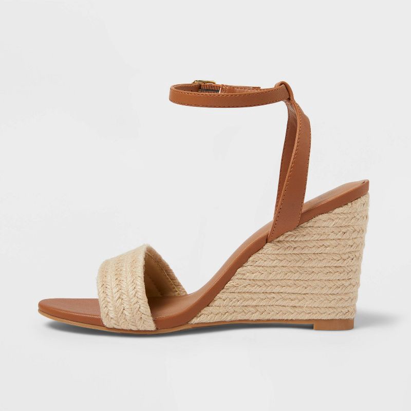 slide 2 of 4, Women's Tish Single Band Ankle Strap Wedge Heels with Memory Foam Insole - A New Day™ Tan 10: Open Toe, Platform Heel, Buckle Closure, 1 ct