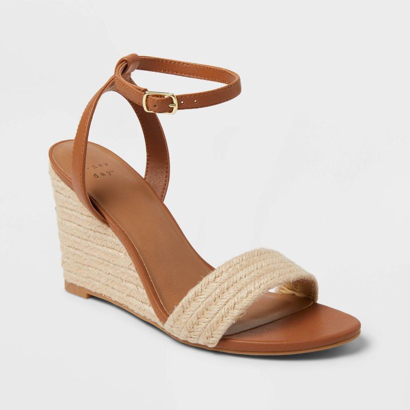 slide 1 of 4, Women's Tish Single Band Ankle Strap Wedge Heels with Memory Foam Insole - A New Day™ Tan 10: Open Toe, Platform Heel, Buckle Closure, 1 ct