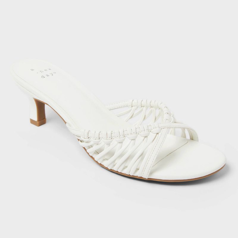 slide 1 of 4, Women's Clarisse Strappy Kitten Heels with Memory Foam Insole - A New Day™ White 6: Slip-On Open Toe, Breathable Upper, 1 ct