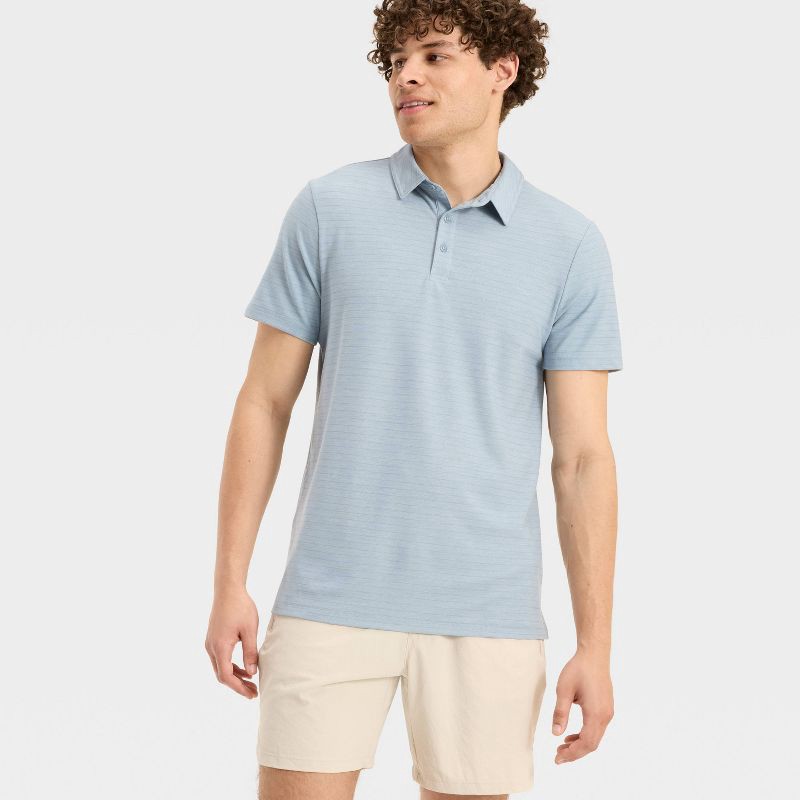 slide 3 of 3, Men's Striped Pique Polo Shirt - All In Motion™ Light Blue L, 1 ct