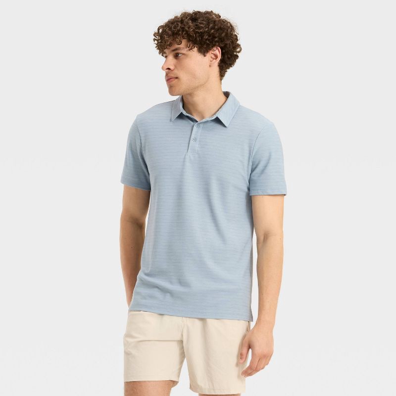slide 1 of 3, Men's Striped Pique Polo Shirt - All In Motion™ Light Blue L, 1 ct