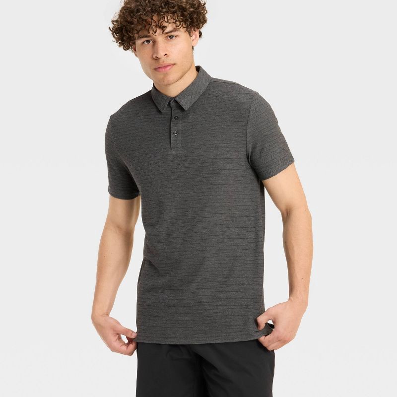 slide 3 of 3, Men's Striped Pique Polo Shirt - All In Motion™ Dark Gray S, 1 ct