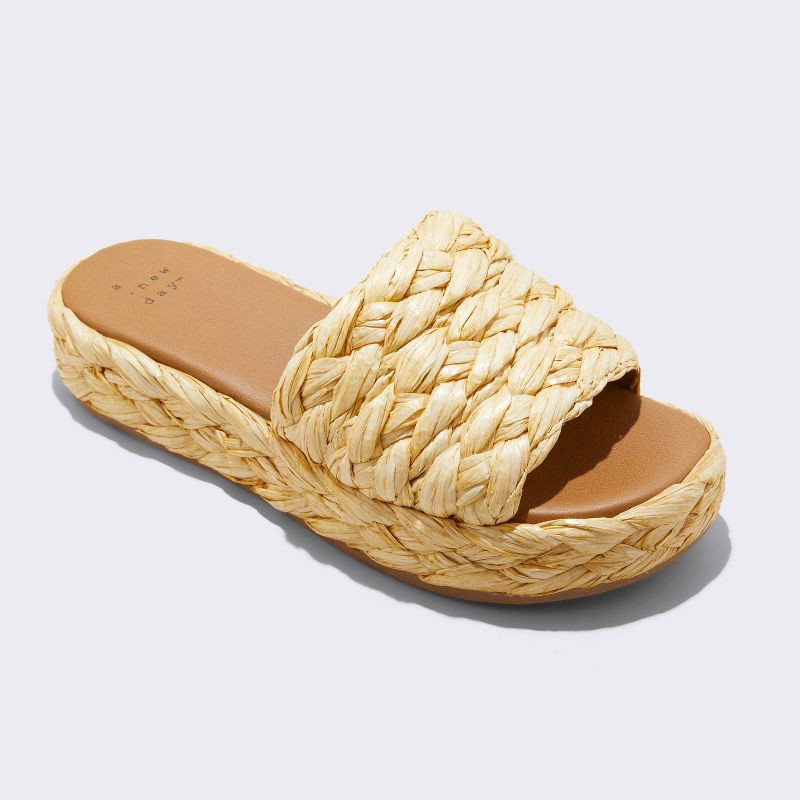 slide 1 of 4, Women's Casey Braided Raffia Platform Slide Sandals - A New Day™ Beige 6: Cushioned Insole, Slip On, 1 ct