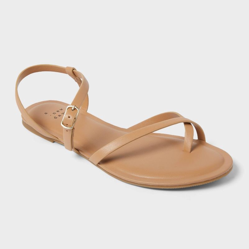 slide 1 of 4, Women's Alexandra Strappy Sandals - A New Day™ Tan 9.5: Pull-On, Memory Foam, Adjustable Buckle, 1 ct