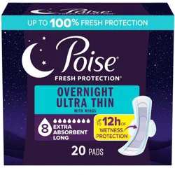 Poise Ultra-Thin with Wings Long Overnight Pad - 20ct