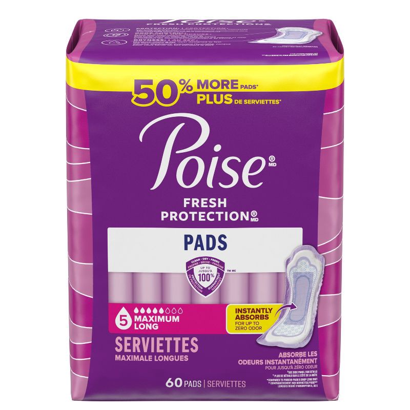 slide 2 of 6, Poise Maximum Absorbency Incontinence Pads - Long - 60ct, 60 ct