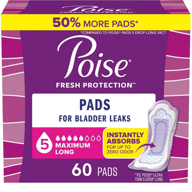 slide 1 of 6, Poise Maximum Absorbency Incontinence Pads - Long - 60ct, 60 ct