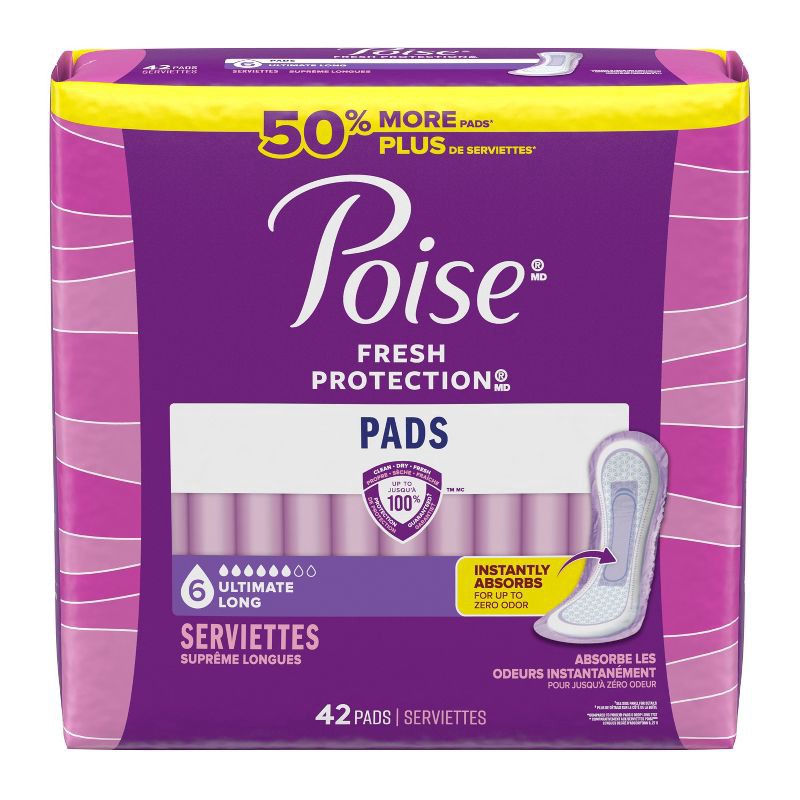 slide 2 of 6, Poise Ultimate Absorbency Incontinence Pads - Long - 42ct, 42 ct
