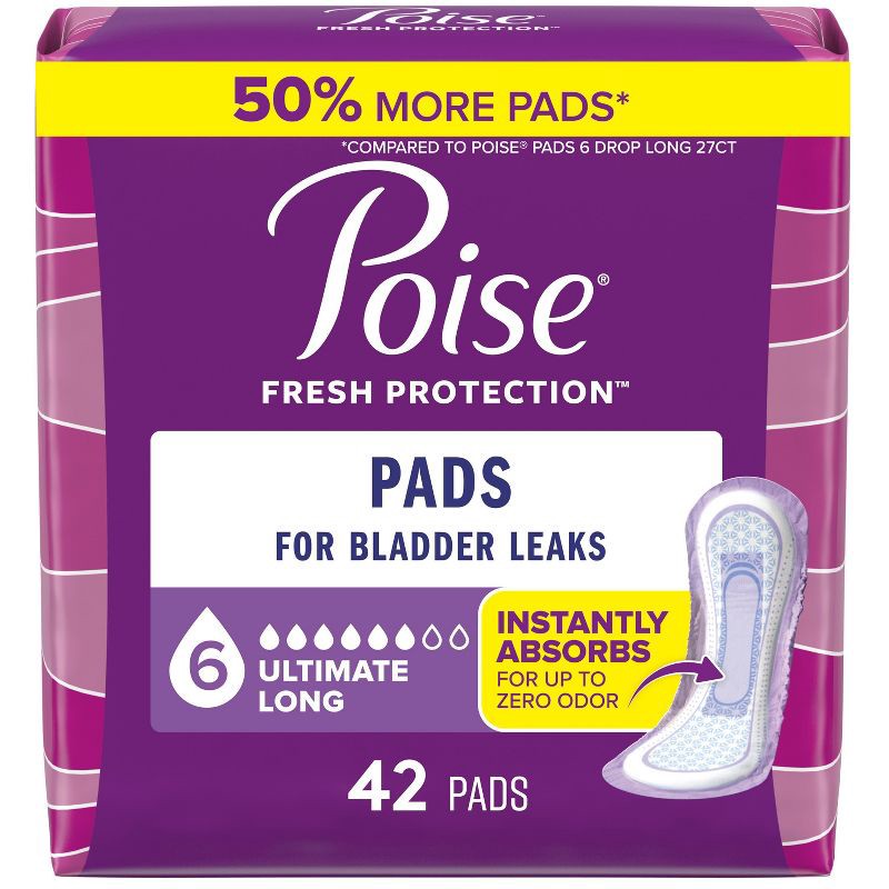 slide 1 of 6, Poise Ultimate Absorbency Incontinence Pads - Long - 42ct, 42 ct