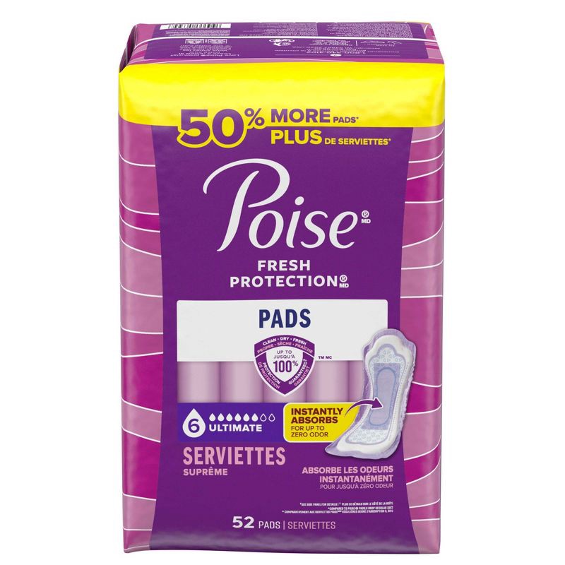 slide 2 of 6, Poise Ultimate Absorbency Incontinence Pads - Long - 52ct, 52 ct