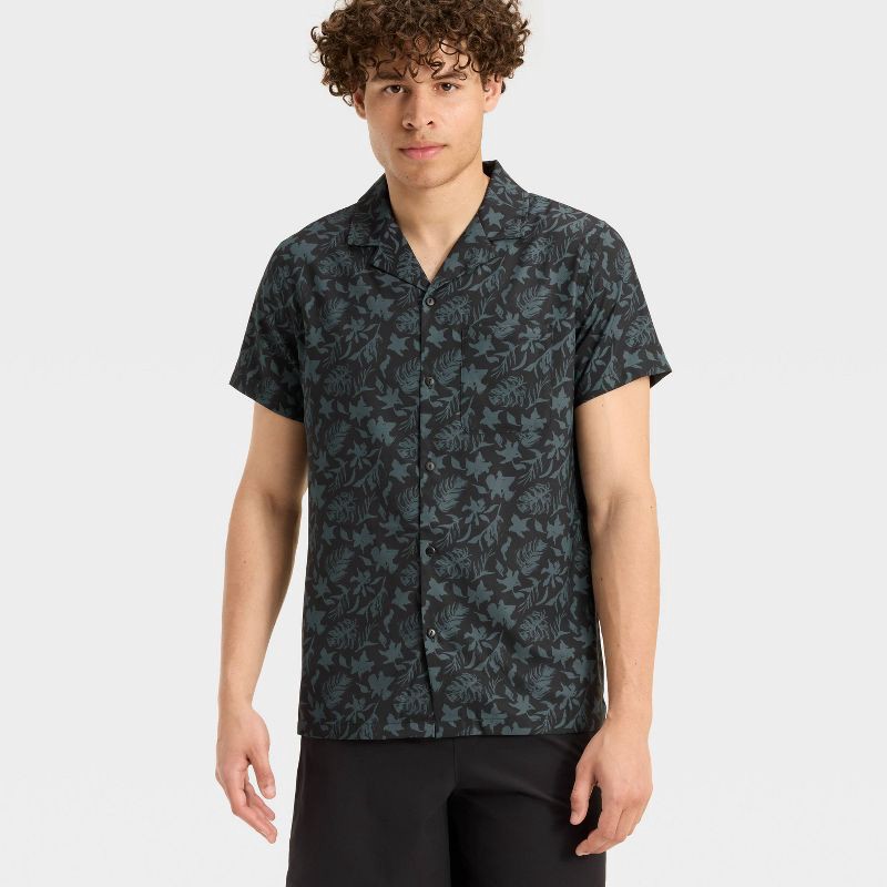 slide 3 of 3, Men's Printed Resort Shirt - All In Motion™ Black S, 1 ct