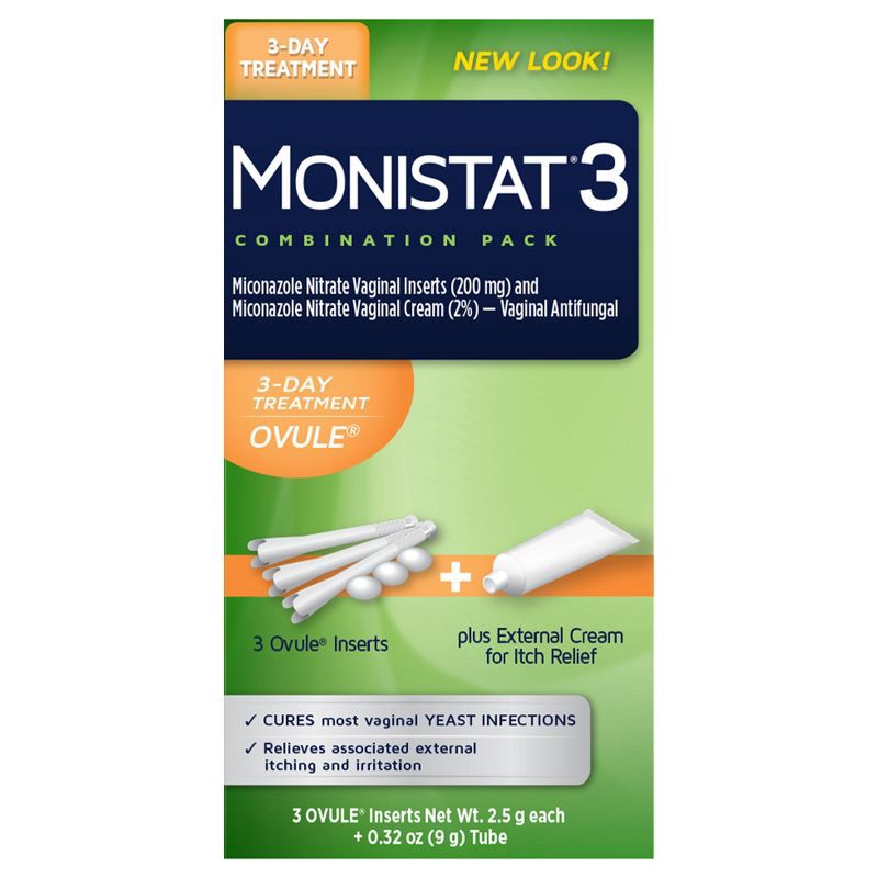 slide 1 of 9, Monistat 3-Dose Yeast Infection Treatment 3 Ovule Inserts & External Itch Cream, 1 ct