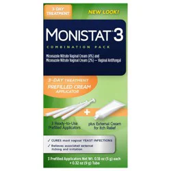 Monistat 3-Dose Yeast Infection Treatment 3 Prefilled Applicators & External Itch Cream