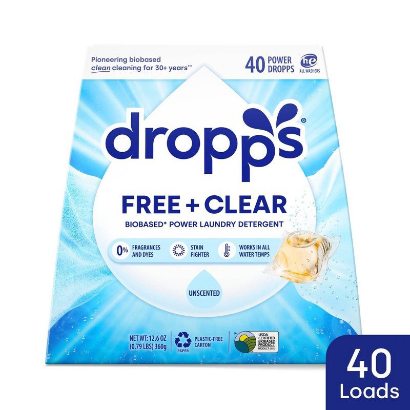 slide 1 of 10, Dropps Laundry Odor & Stain Biobased Detergent Pods Free + Clear - Unscented - 40ct, 40 ct