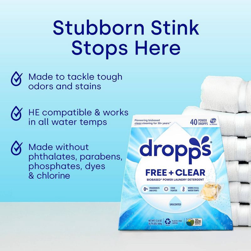 slide 4 of 10, Dropps Laundry Odor & Stain Biobased Detergent Pods Free + Clear - Unscented - 40ct, 40 ct