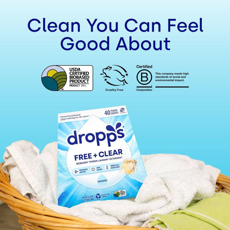 slide 5 of 10, Dropps Laundry Odor & Stain Biobased Detergent Pods Free + Clear - Unscented - 40ct, 40 ct