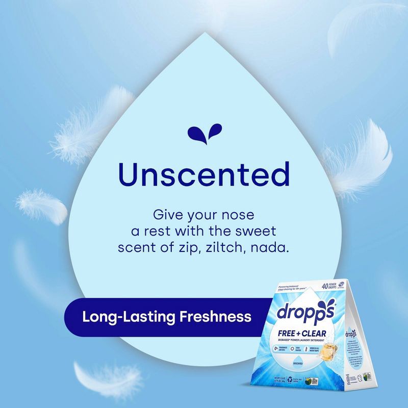 slide 6 of 10, Dropps Laundry Odor & Stain Biobased Detergent Pods Free + Clear - Unscented - 40ct, 40 ct
