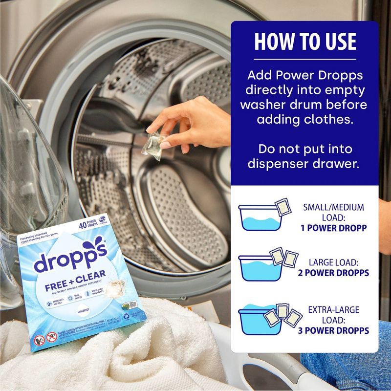 slide 8 of 10, Dropps Laundry Odor & Stain Biobased Detergent Pods Free + Clear - Unscented - 40ct, 40 ct