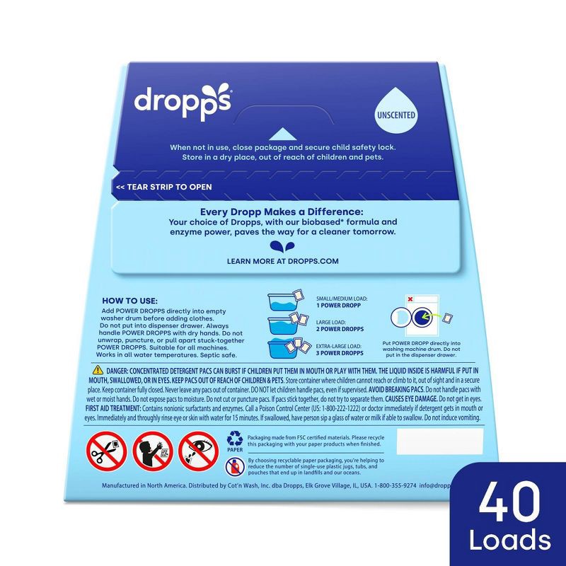 slide 9 of 10, Dropps Laundry Odor & Stain Biobased Detergent Pods Free + Clear - Unscented - 40ct, 40 ct