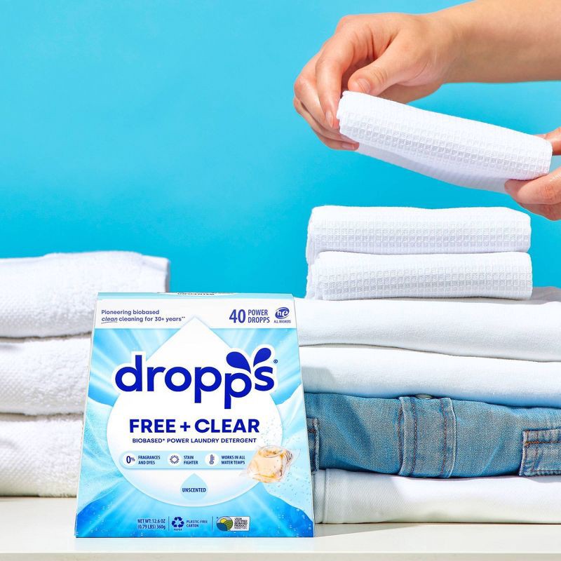 slide 10 of 10, Dropps Laundry Odor & Stain Biobased Detergent Pods Free + Clear - Unscented - 40ct, 40 ct