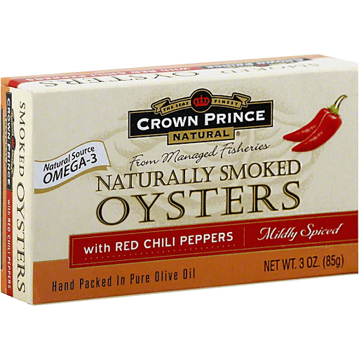 slide 2 of 2, Crown Prince Natural Naturally Smoked Oysters With Red Chili Pepper Mildly Spiced, 3 oz