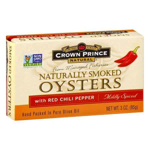 slide 1 of 2, Crown Prince Natural Naturally Smoked Oysters With Red Chili Pepper Mildly Spiced, 3 oz