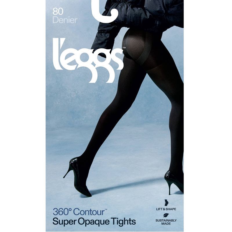 slide 2 of 3, L'eggs Women's 80 Denier 360 Contour Super Opaque Tights - Black S: High Waisted, Built-in Slimming Layer, Knit Construction, 1 ct
