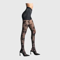 L'eggs Women's 360 Contour Floral Lace Dot Tights - Black S: High Waisted Sheer Knit Hosiery
