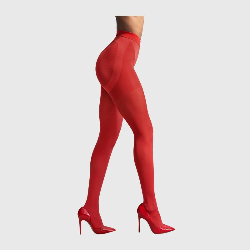 slide 1 of 3, L'eggs Women's 60 Denier 360 Contour Opaque Tights - Red M: High Waisted, Built-in Slimming Layer, Knit Fabric, 1 ct