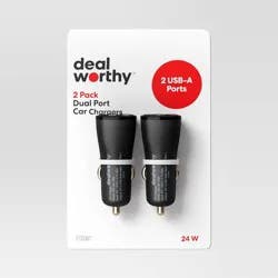 Dual Port USB-A Car Charger 2pk - dealworthy™ Black