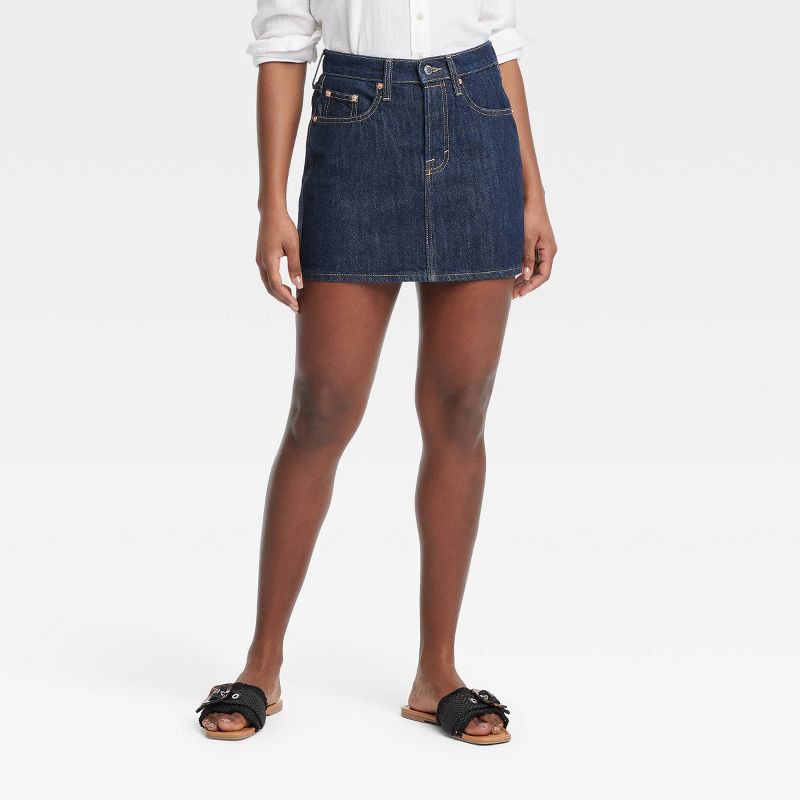 slide 1 of 3, Women's Mid-Rise Denim Mini Skirt - Universal Thread™ Dark Wash 4: Heavyweight Cotton, Back Pocket, Belt Loops, 1 ct