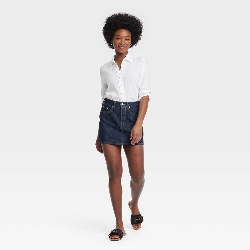 slide 3 of 3, Women's Mid-Rise Denim Mini Skirt - Universal Thread™ Dark Wash 10: Heavyweight Cotton Blend, Back Pocket, Belt Loops, 1 ct