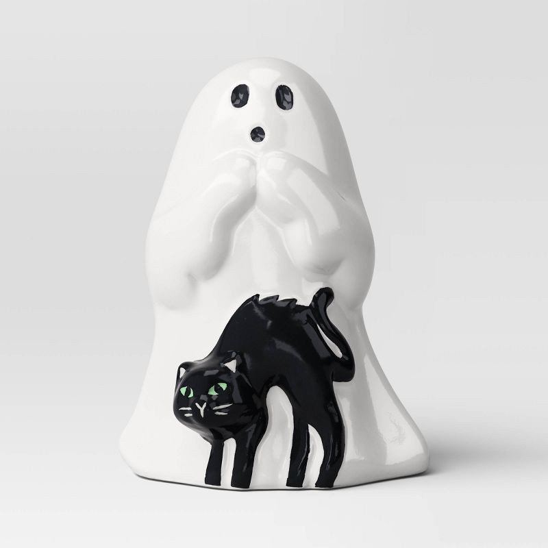 slide 1 of 3, Ghost with Cat Ceramic Character Decorative Sculpture - Hyde and EEK! Boutique™ Off-White, 1 ct