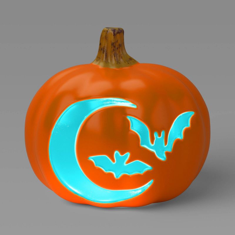 slide 1 of 3, 9" Lit Pumpkin with Moon and Bats Halloween Decorative Prop - Hyde and EEK! Boutique™, 1 ct