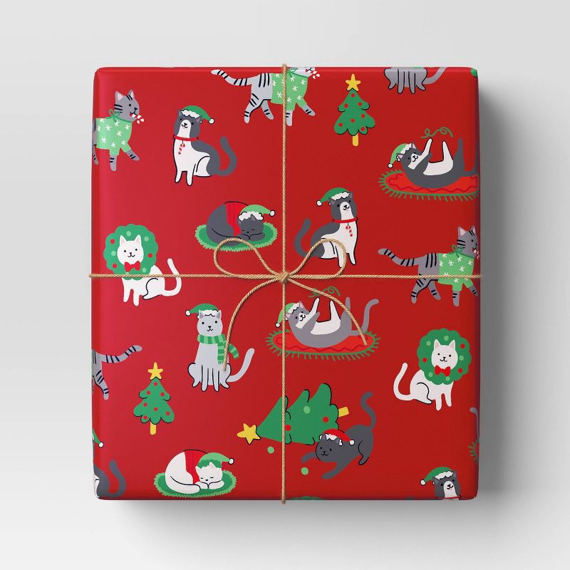 slide 2 of 3, 30" 50 sq ft Christmas Roll Wrap Illustrated Cats on Red - Wondershop™, 50 sq ft