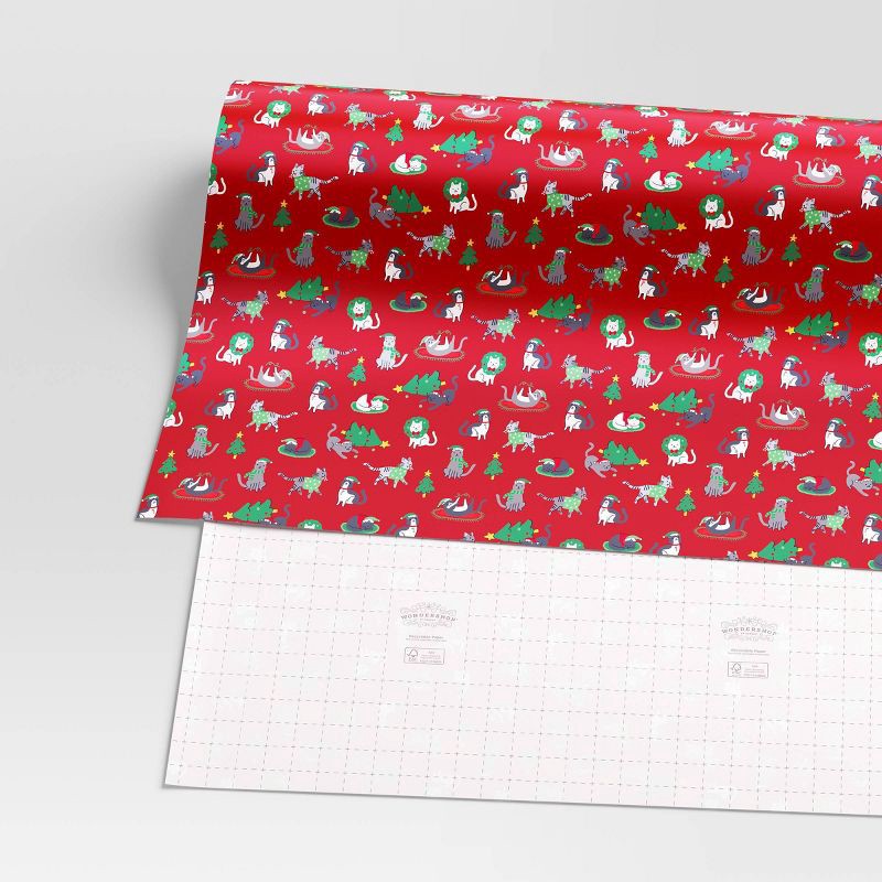 slide 3 of 3, 30" 50 sq ft Christmas Roll Wrap Illustrated Cats on Red - Wondershop™, 50 sq ft
